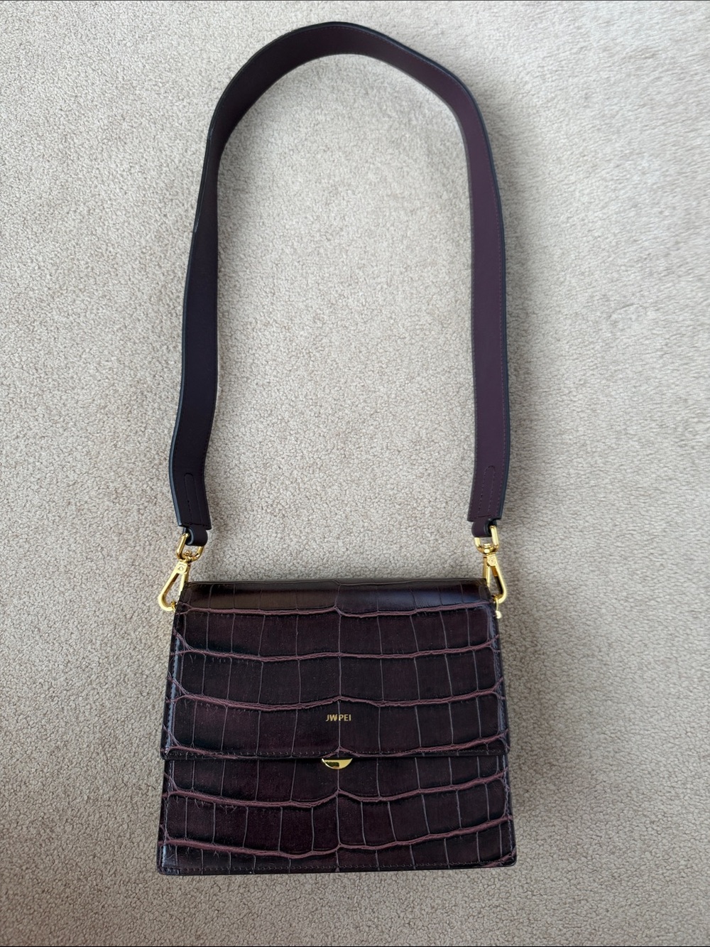 JW PEI Croc-Embossed Shoulder Bag in Dark Brown with Gold Hardware